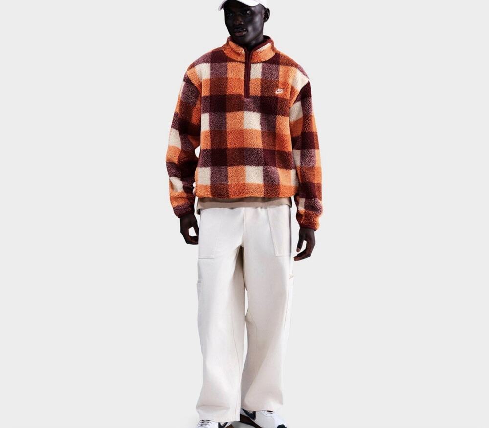 NWT Nike Club Winterized Fleece Half Zip Pullover Orange Buffalo Plaid Mens XL